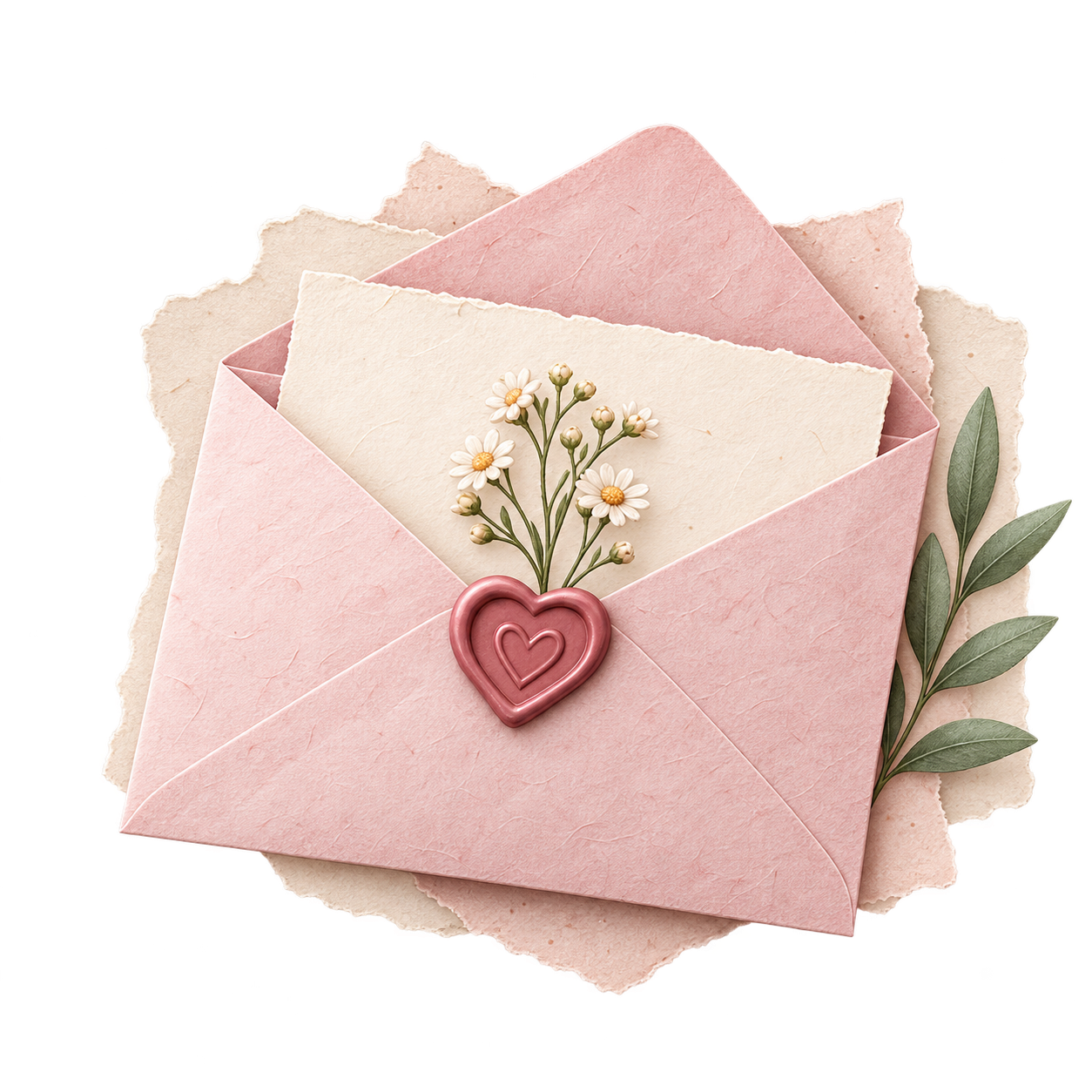 Amplop kertas pink dengan segel hati dan bunga kecil